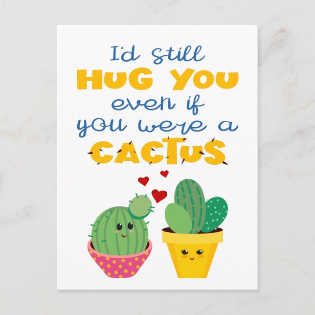 Fun and colorful cartoon Cactus in love Valentine Postcard (Front)