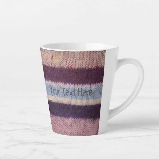 fun and colorful hand knitted stripes latte mug (Right)