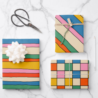 Fun and Colorful Stripes and Checks Patterns Wrapping Paper Sheets