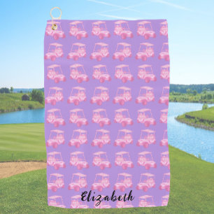 Fun and cute pink and purple golf cart custom name towel