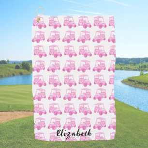 Fun and cute pink and white golf cart custom name towel