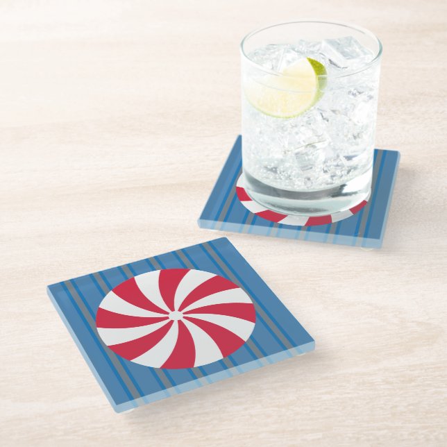 Fun and Fancy Blue Christmas Peppermint Candy Glass Coaster (Angled)