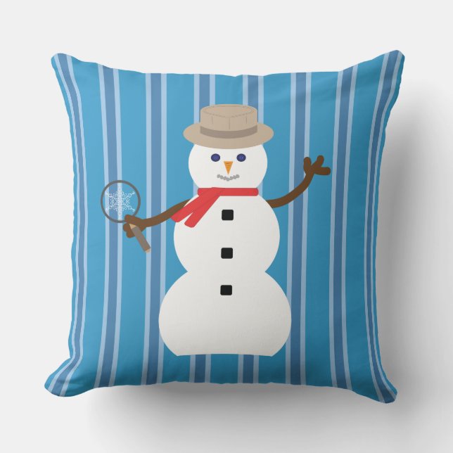 Fun and Fancy Blue Snowman Detective Throw Pillow (Front)
