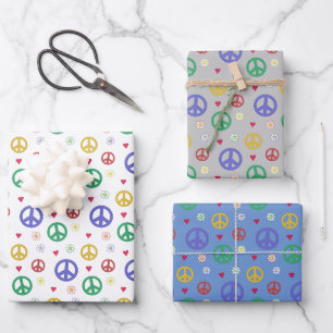 Fun and Fancy Peace Sign, Flowers & Hearts Wrapping Paper Sheets