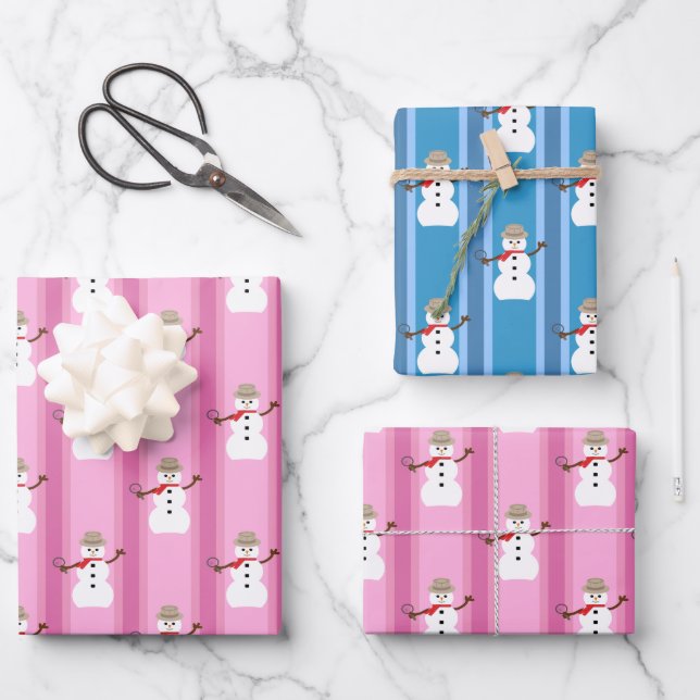 Fun and Fancy Pink & Blue Snowman Detective Wrapping Paper Sheets (Front)