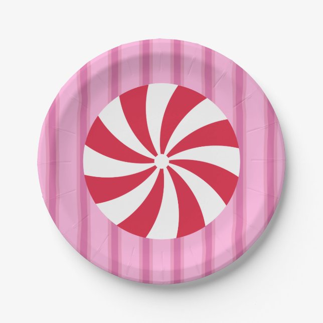 Fun and Fancy Pink Christmas Peppermint Candy Paper Plates (Front)