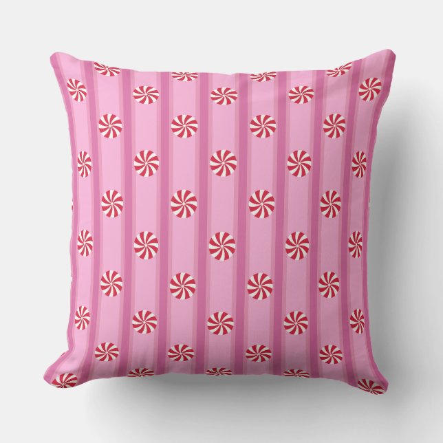 Fun and Fancy Pink Christmas Peppermint Candy Throw Pillow (Front)