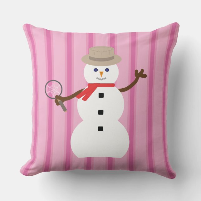 Fun and Fancy Pink Snowman Detective Throw Pillow (Front)