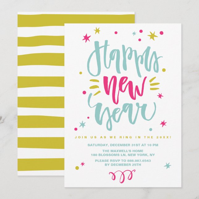 Fun and Festive Calligraphy New Year's Eve Party Invitation (Front/Back)