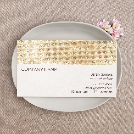 Customizable Gold Sparkly Sequin and Faux Linen Business Card
