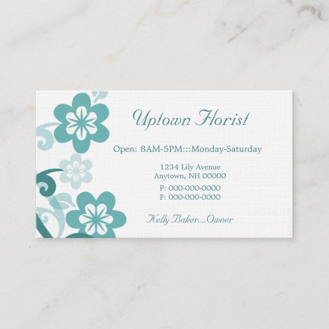 Fun and Flirty Floral Business Card, Turquoise Business Card (Front)
