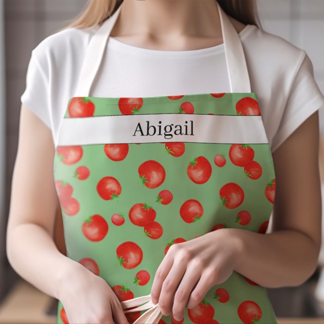 Fun and Fresh Watercolor Tomatoes Pattern and Name Apron (Mediterranean-inspired Fresh Watercolor Tomatoes Pattern Apron with Your Name)