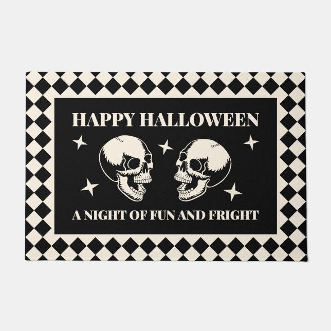 Fun and Fright Skull Black Halloween Doormat (Front)