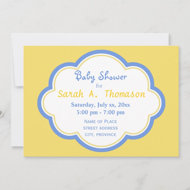 Fun and happy blue and yellow baby shower invitation (Front)