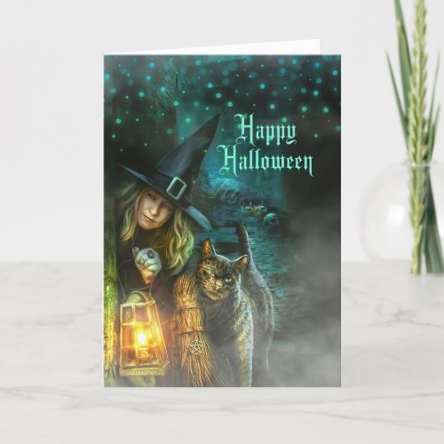 Fun and Spooky Witch and Cat Halloween Holiday Card