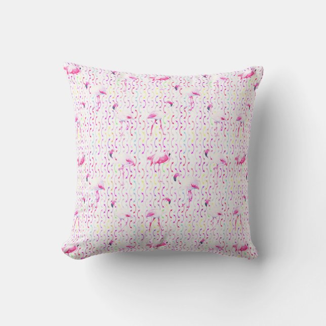 Fun and Whimsical Rows on Pink Flamingos Throw Pillow (Front)