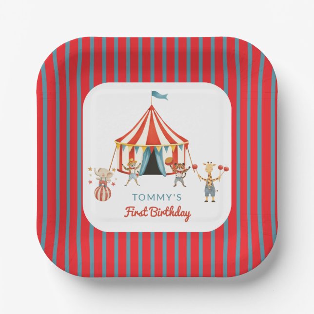 Fun  Animal Circus Tent First Birthday  Paper Plates (Front)