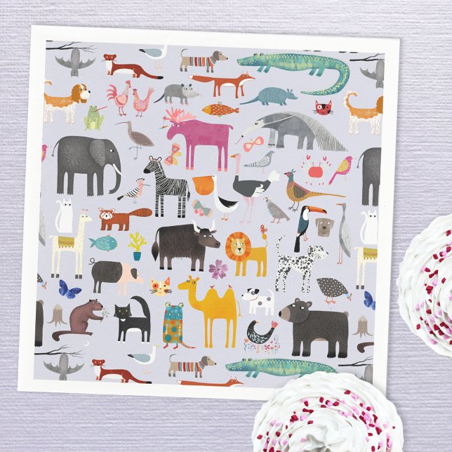 Fun Animal Menagerie Napkins (Jungle safari zoo wild and pet animal themed paper napkins)