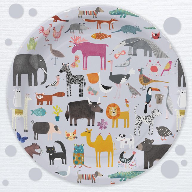 Fun Animal Menagerie Paper Plates (Jungle safari zoo wild and pet animal themed party paper plates)