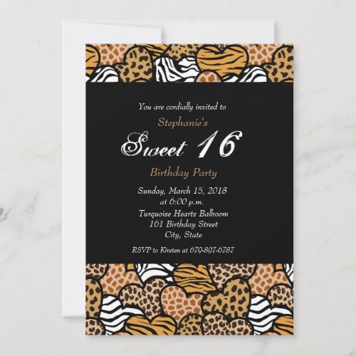 Fun animal pattern hearts Sweet 16 Invitation