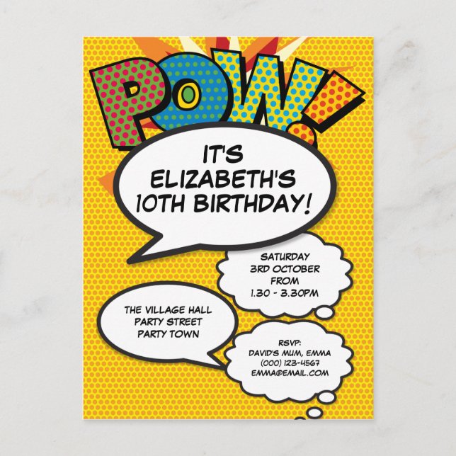 Fun Any Age Birthday Party Modern Comic Invitation Postcard (Front)