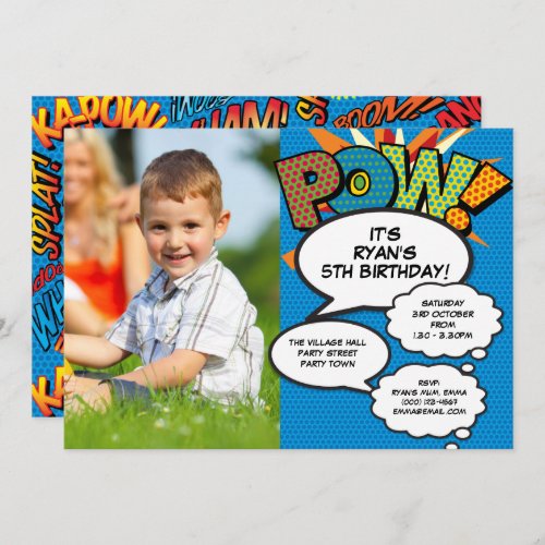 Fun Any Age Modern Birthday Party Photo Comic Blue Invitation