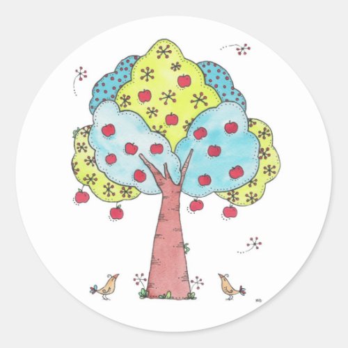 Fun Apple Tree with Birds Watercolor Classic Round Sticker