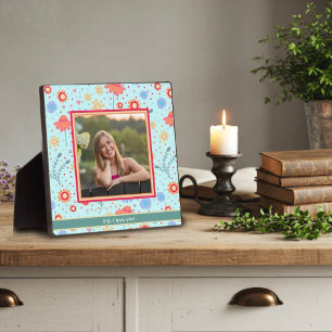 Fun Aqua Floral Cute Photo Customized Love Message Plaque
