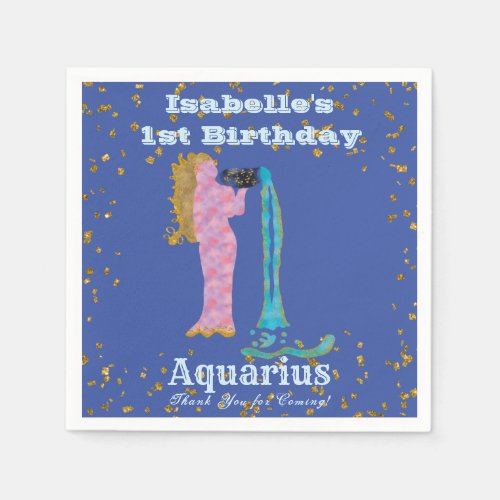 Fun Aquarius First Birthday  Gold Confetti   Napkins