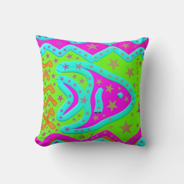 Fun Aquatic Fish Stars Colorful Kids Doodle Throw Pillow (Front)