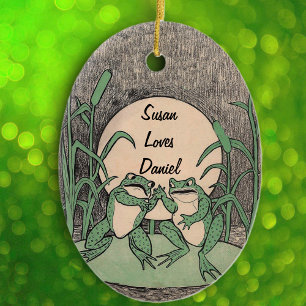 Fun Arguing Green Frog Couple on Lily Pad moon Ceramic Ornament