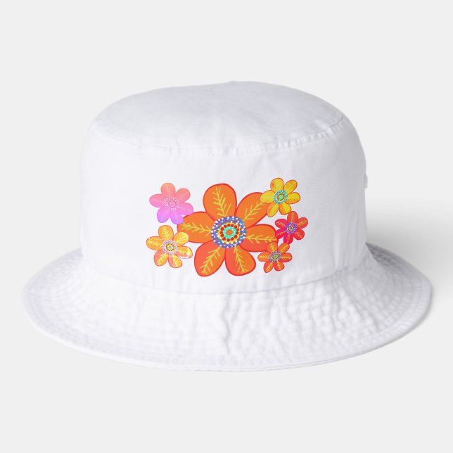 Fun Arsty Flowers Orange Yellow Pink Bucket Hat (Front)