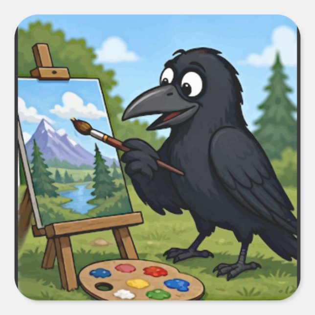 Fun Artist Crow Painting Landscape art Square Sticker (Front)
