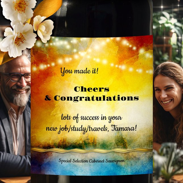 Fun Artistic String Lights Cheers Congratulations Wine Label (Wine label featuring a colorful painting with festive and happy string lights - new job - retirement)