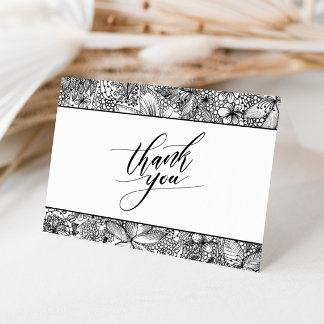 Fun Artsy Black White Hand Drawn Floral Letterpress Thank You Card