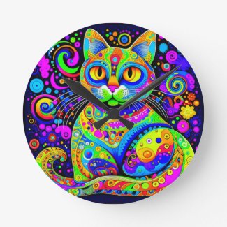 Fun Artsy Bright Colored Haight-Ashbury Style Cat Round Clock