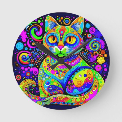 Fun Artsy Bright Colored Haight-Ashbury Style Cat  Round Clock