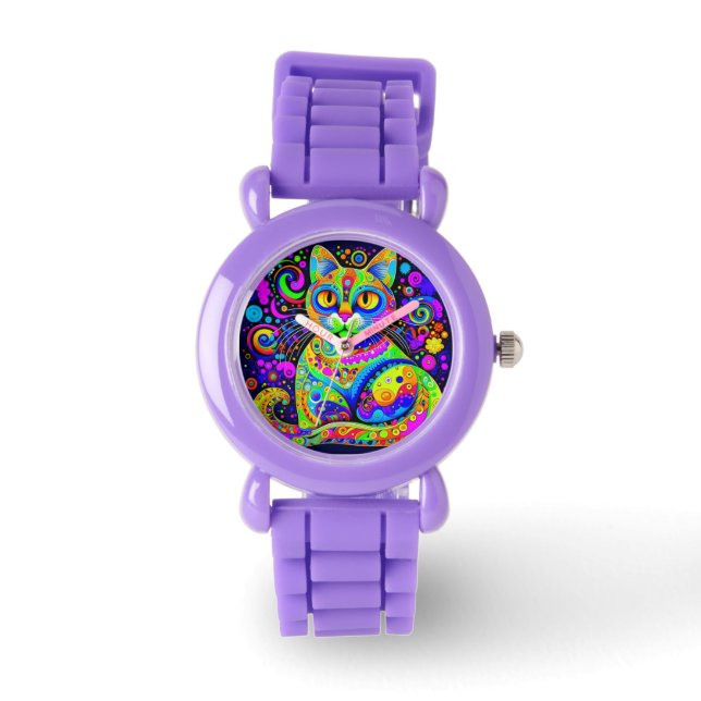 Fun Artsy Bright Colored Haight-Ashbury Style Cat  Watch (Front)