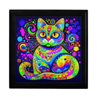 Fun Artsy Colorful Cat Wooden Jewelry Keepsake Box