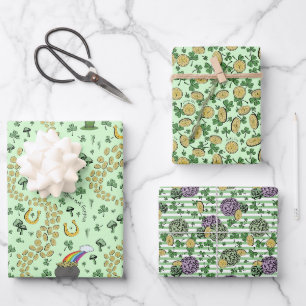 Fun Artsy Irish Shamrock Rainbow Leprechaun Green Wrapping Paper Sheets