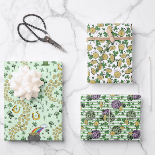 Fun Artsy Irish Shamrock Rainbow Leprechaun Green Wrapping Paper Sheets