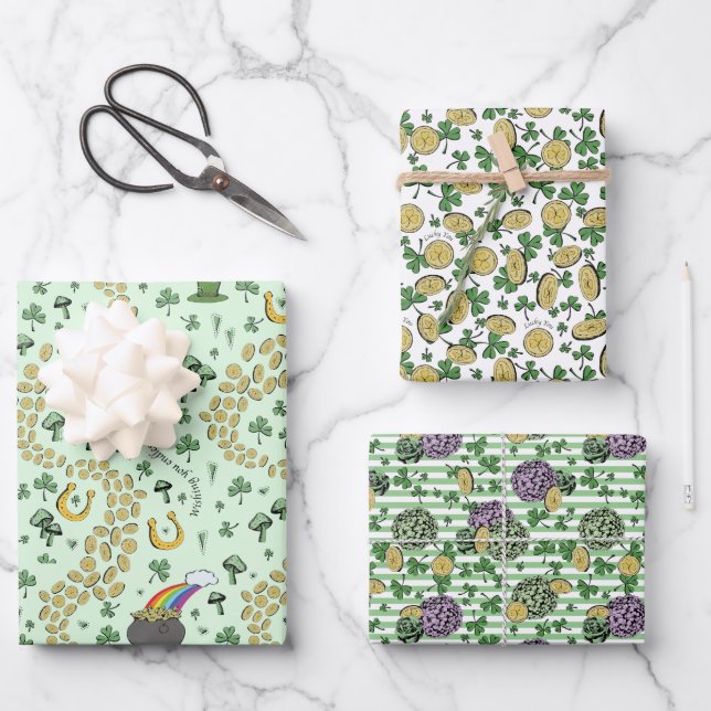 Fun Artsy Irish Shamrock Rainbow Leprechaun Green Wrapping Paper Sheets (Front)