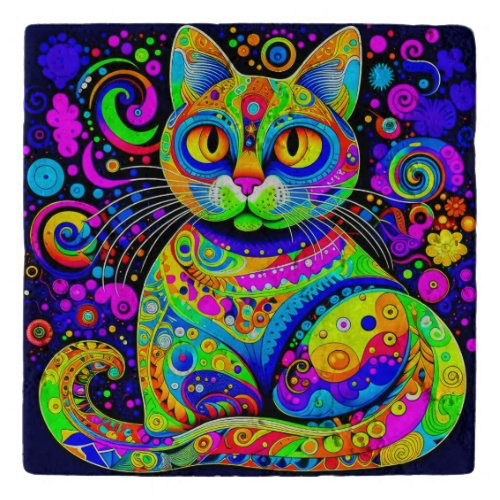 Fun Artsy Whimsical Vibrant Colorful Cat Trivet