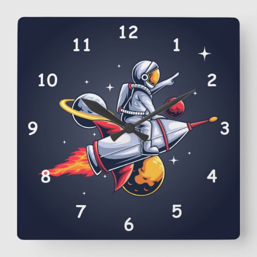 Fun Astronaut Flying Through Space Illustration Square Wall Clock