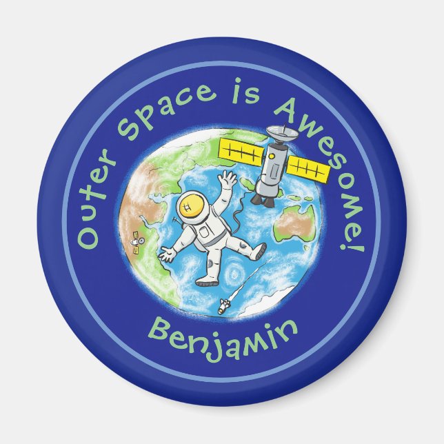 Fun astronaut with satellite over earth cartoon magnet (Front)