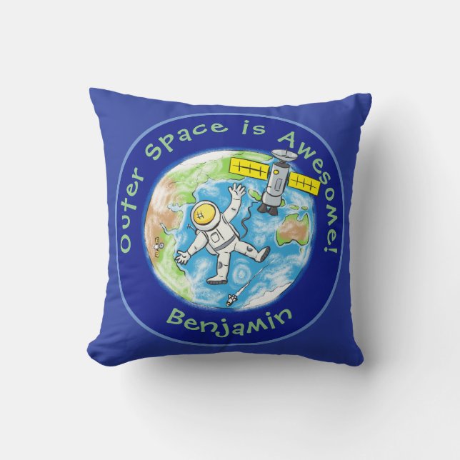 Fun astronaut with satellite over earth cartoon throw pillow (Front)