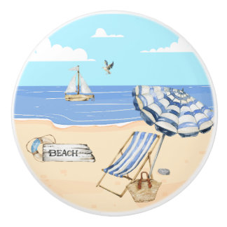 Fun At the Beach Blue Aqua Watercolor Scene Ceramic Knob
