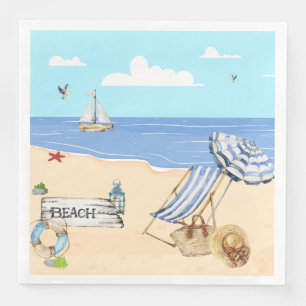 Fun At the Beach Blue Aqua Watercolor Scene Paper Dinner Napkins