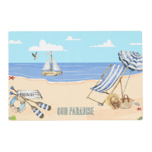 Fun At the Beach Blue Aqua Watercolor Scene Placemat