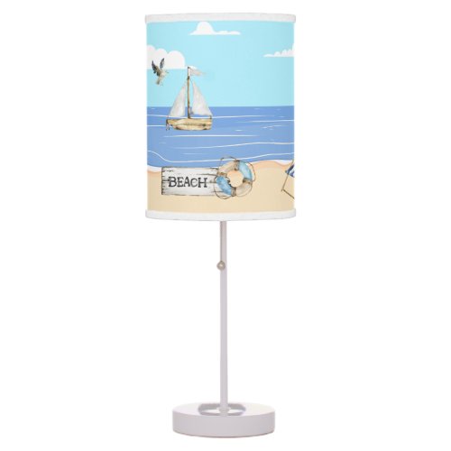 Fun At the Beach Blue Aqua Watercolor Scene Table Lamp